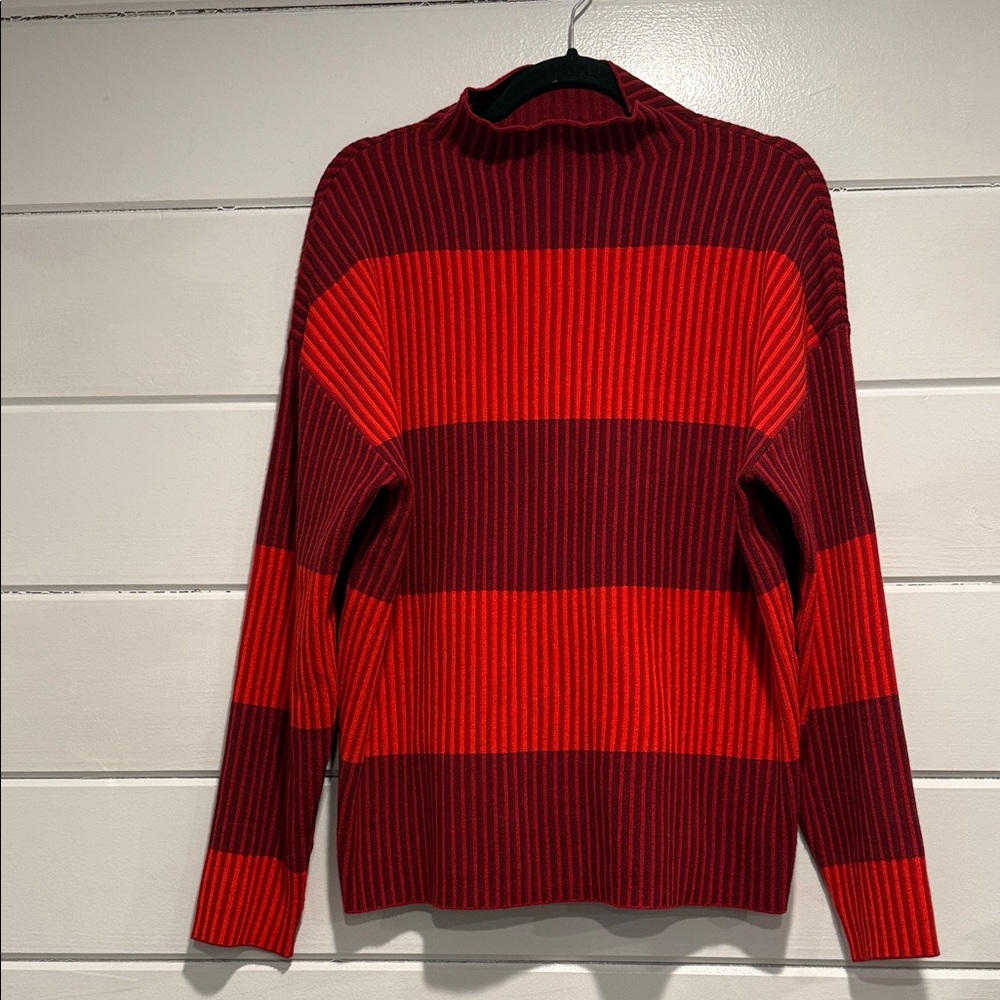 Adrienne Vittadini Red and Burgundy Striped Turtleneck Sweater. Size - large